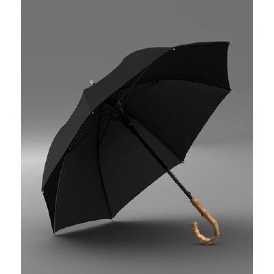 Parapluie Droit Olycat | Parapluie Noir Uni Avec Poignee En Bambou