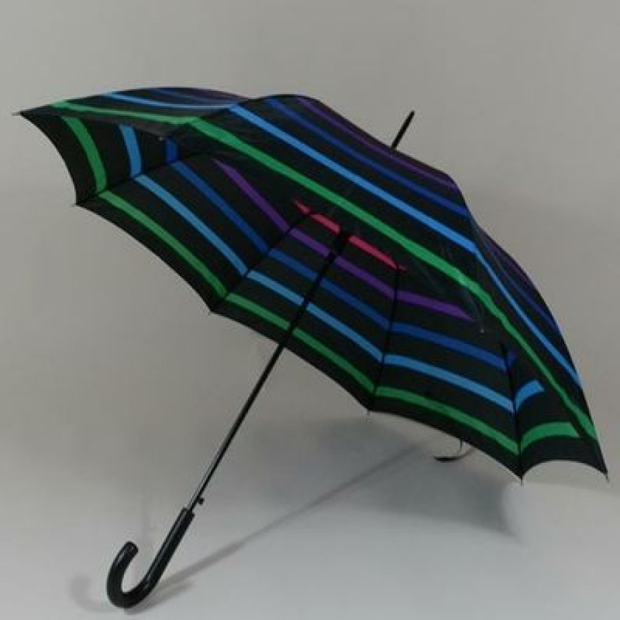 Parapluie Droit Happy Rain | Parapluie Noir A Rayures Colorees